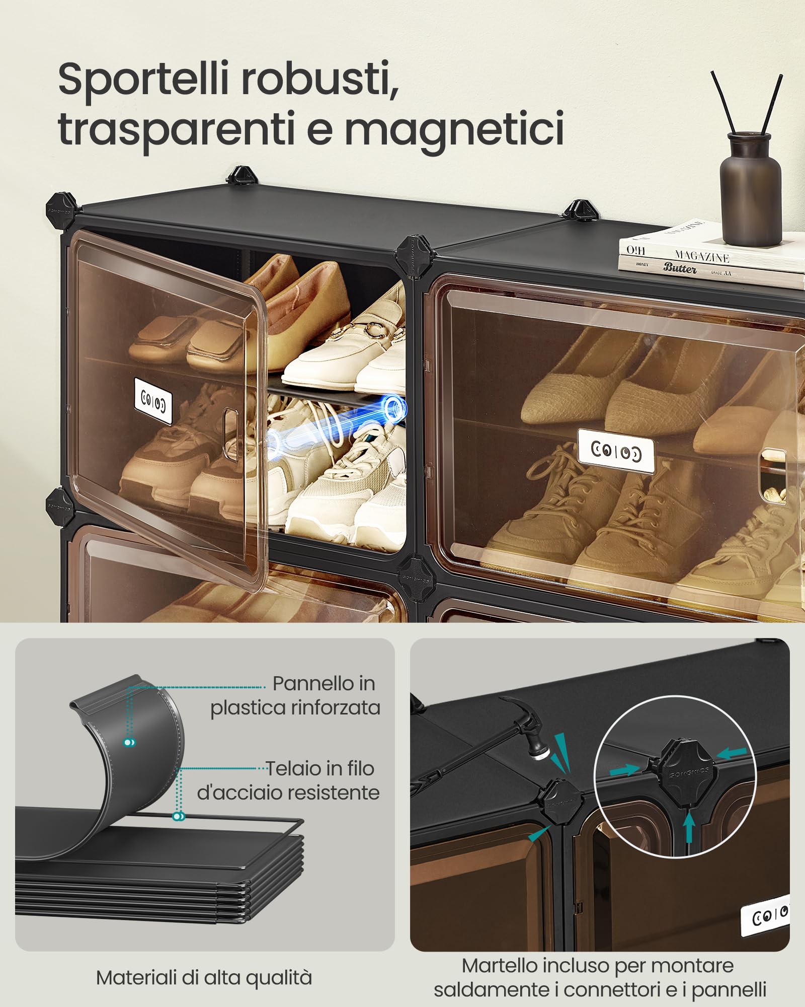 SONGMICS Scarpiera 8 Scomparti, Scarpiera Componibile Ingresso, 30 x 45 x 30 cm per Scomparto, Ante Trasparenti, Metallo, 32 Paia, Camera da letto, Nero Inchiostro e Marrone Trasparente LPC054BH01