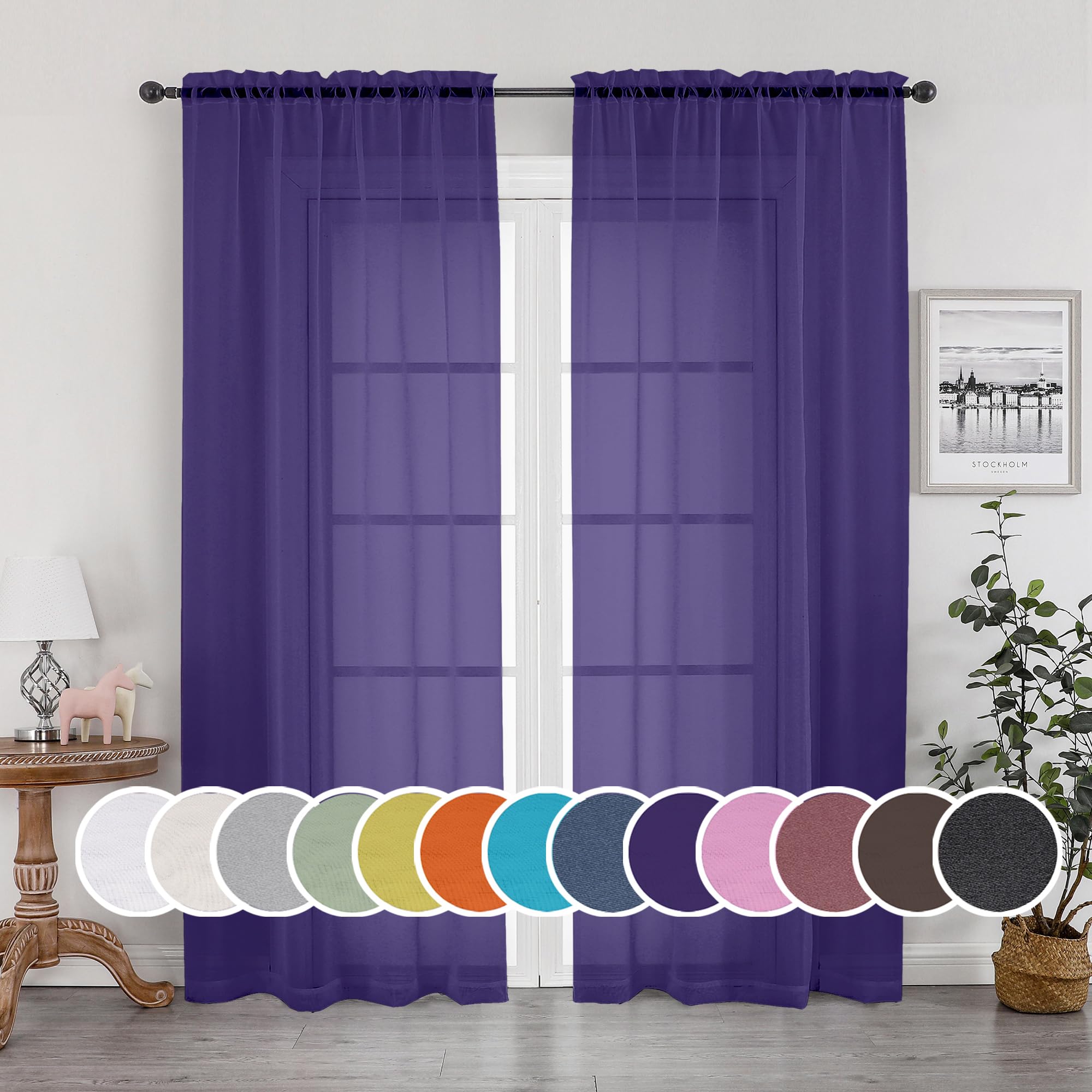 OWENIE Purple Sheer Curtains 63 inches Long 2 Panels Set, Rod Pocket Voile Fimly Sheer Drapes for Living Room/Bedroom, 2pcs, Each 42" W x 63" cutains L