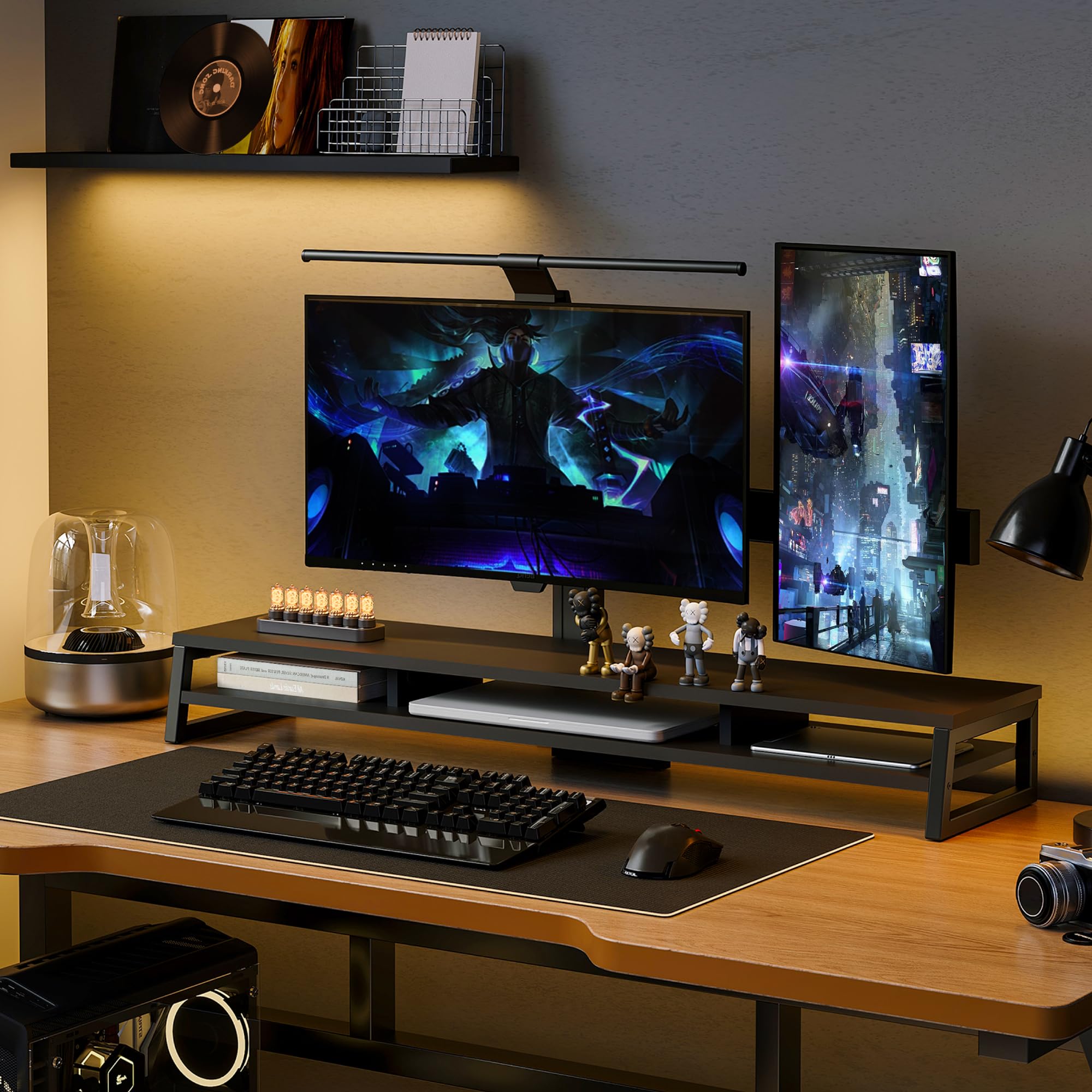 Fenge podwójny stojak na monitor Riser 108 cm duży stojak na ekran komputera do PC/laptopa/faksu/drukarki/telewizora, organizer na biurko, nośność 45 kg (czarny)