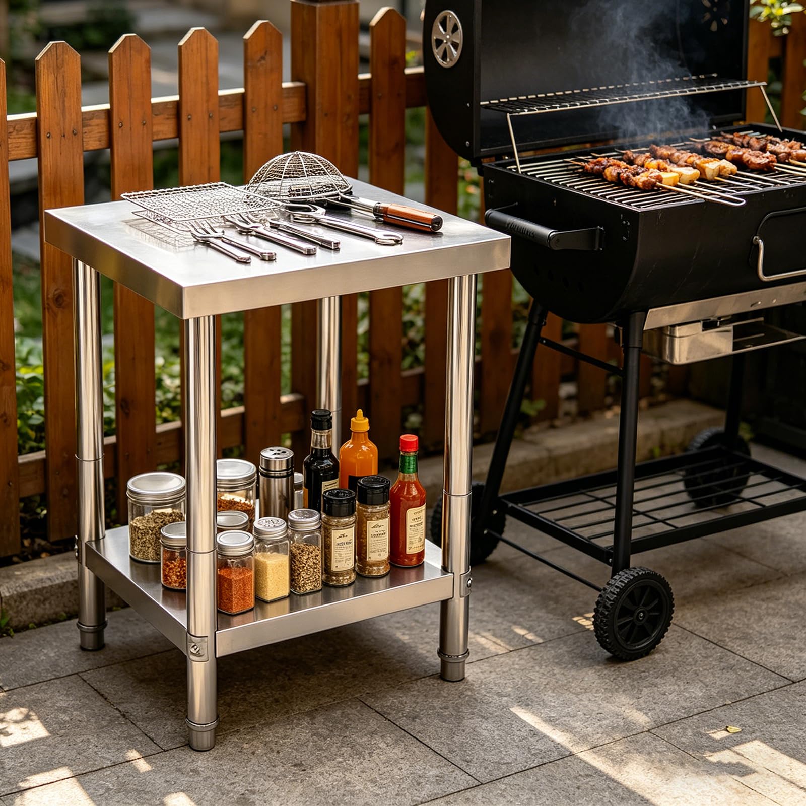Mesa de trabajo de acero inoxidable 201, estructura de dos capas con proceso de pulido de alta calidad, para gastronomía comercial y uso doméstico