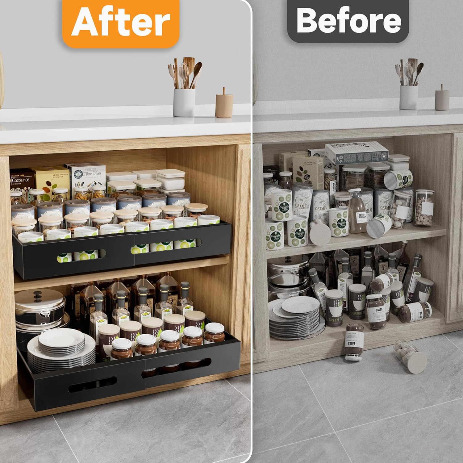 Pull Out Cabinet Organizer Expandable,1Pcs Adjustable 3.5"-22.5" Width 21" Deep Slide Out Drawers with Adhesive, Kitchen Storage for Pantry