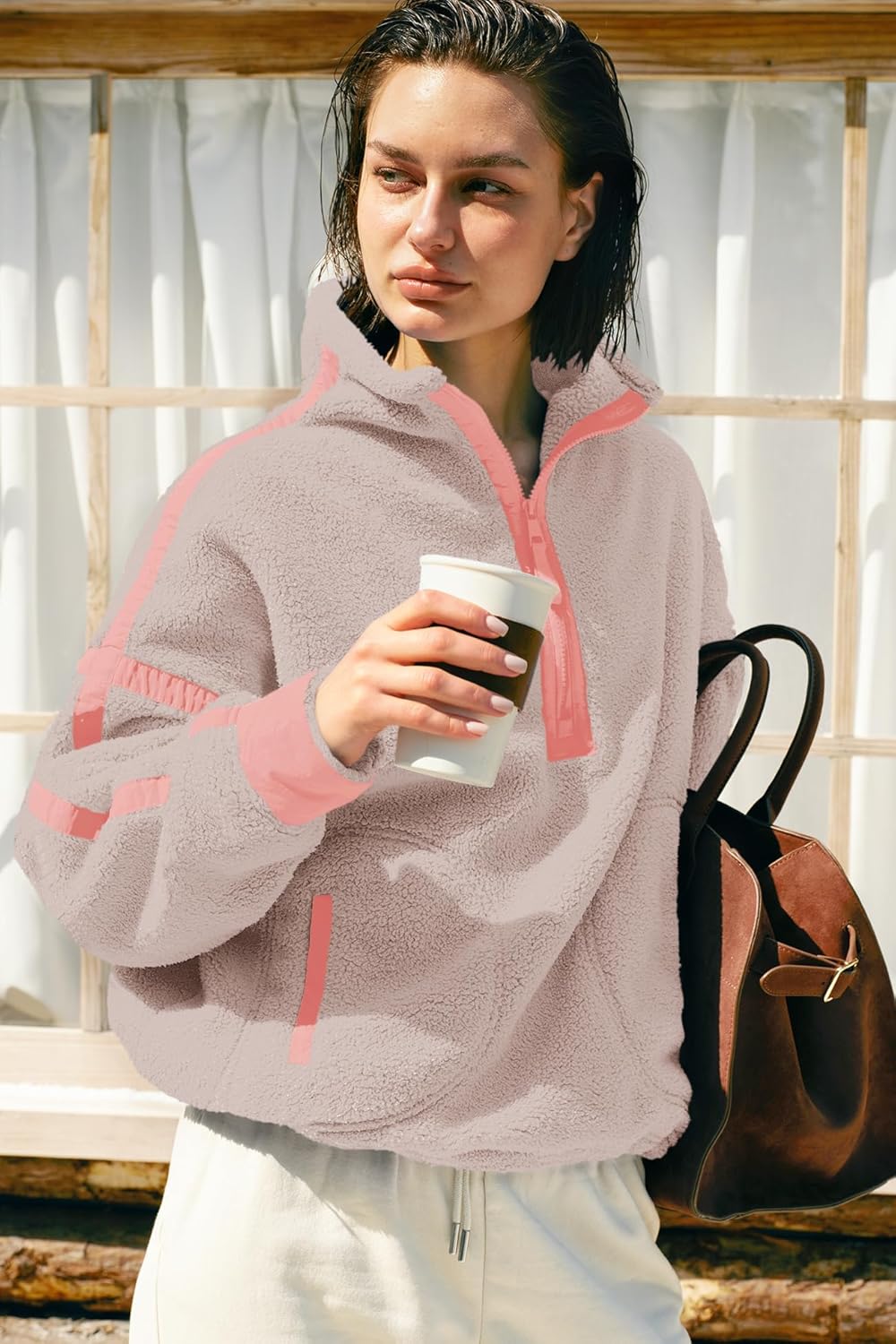 Panadila Womens Half Zip Sherpa Fleece Pullover Soft Oversized Sweatshirt with Pockets Warm Fuzzy Sweater - Image 4