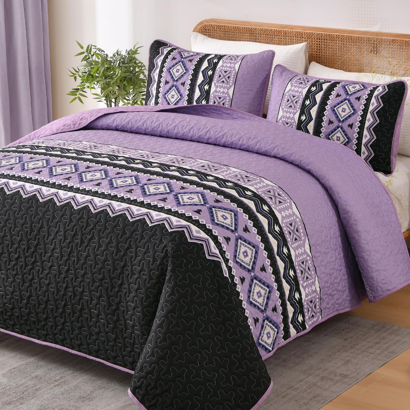 WONGS BEDDING Boho Quilt Set Striped Bedspreads Coverlet Set- YS01AC081384K3U-A