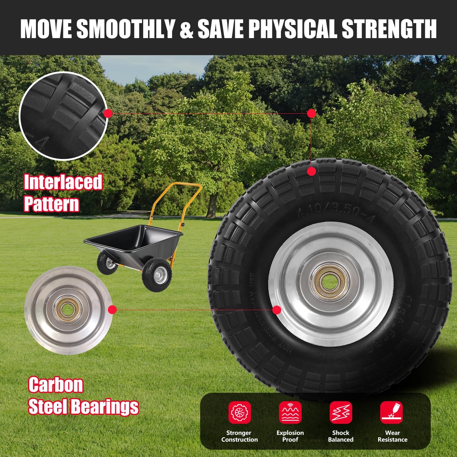 4.10/3.50-4 Flat Free Tire and Wheel, 4 Pack 10" Solid PU Heavy Duty Tires with 300LB Load Capacity, 5/8" Axle Bore Hole & 2.2" Offset Hub for Wagon Dolly Garden Cart Wheelbarrow Parts