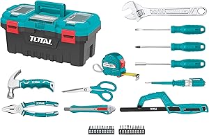 TOTAL – Boîte de 32 outils 17″ (43 cm) | Pince, clé, tournevis et marteau avec tire-lave | Flexomètre, embouts et arc de scie | Testeur de tension