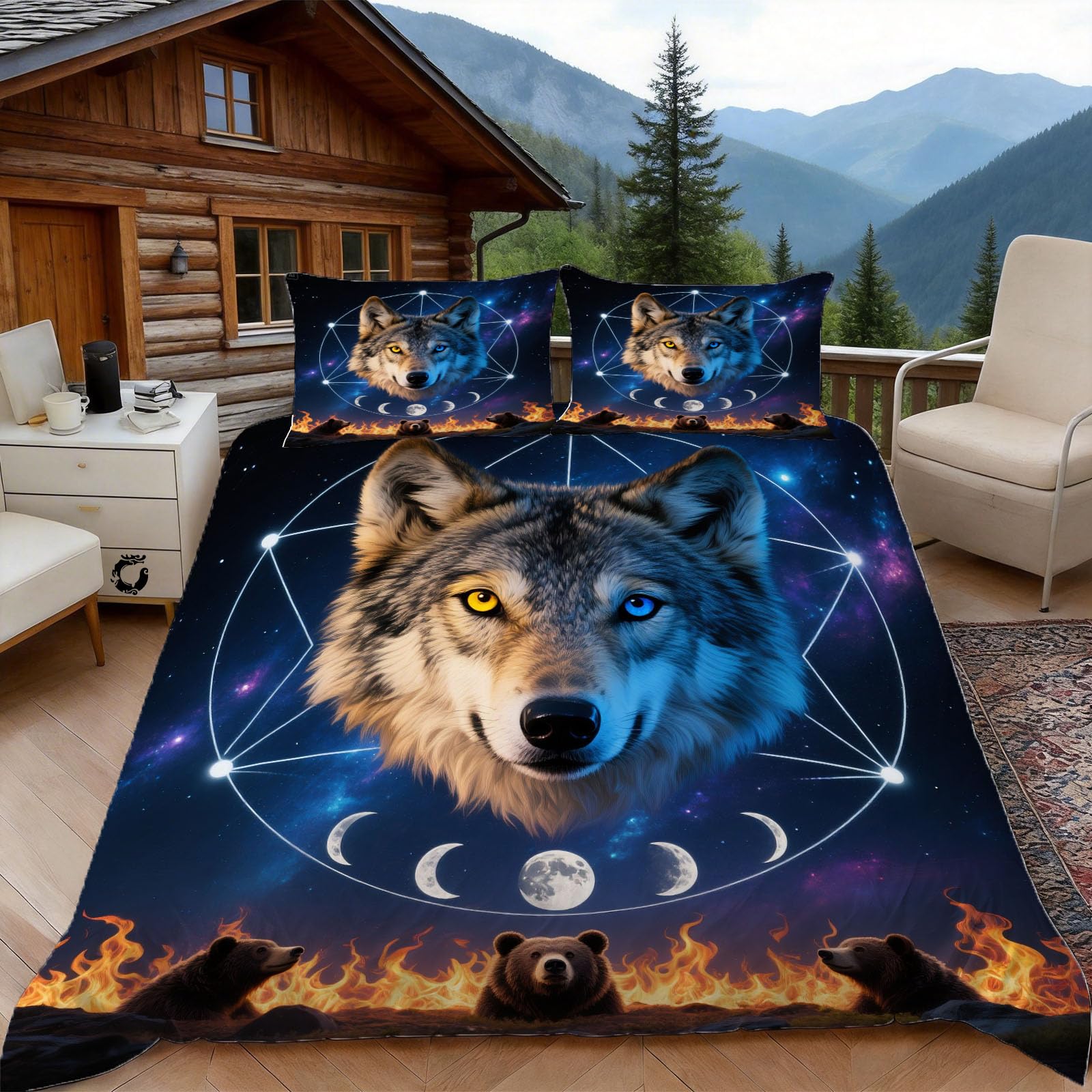 3D Super King Duvet Set 3D Printed Moon Wolf Bedding, Starry Sky Soft Microfibre Duvet Cover Sets Quilt Cover and Pillow Set with Zipper 3 Pcs