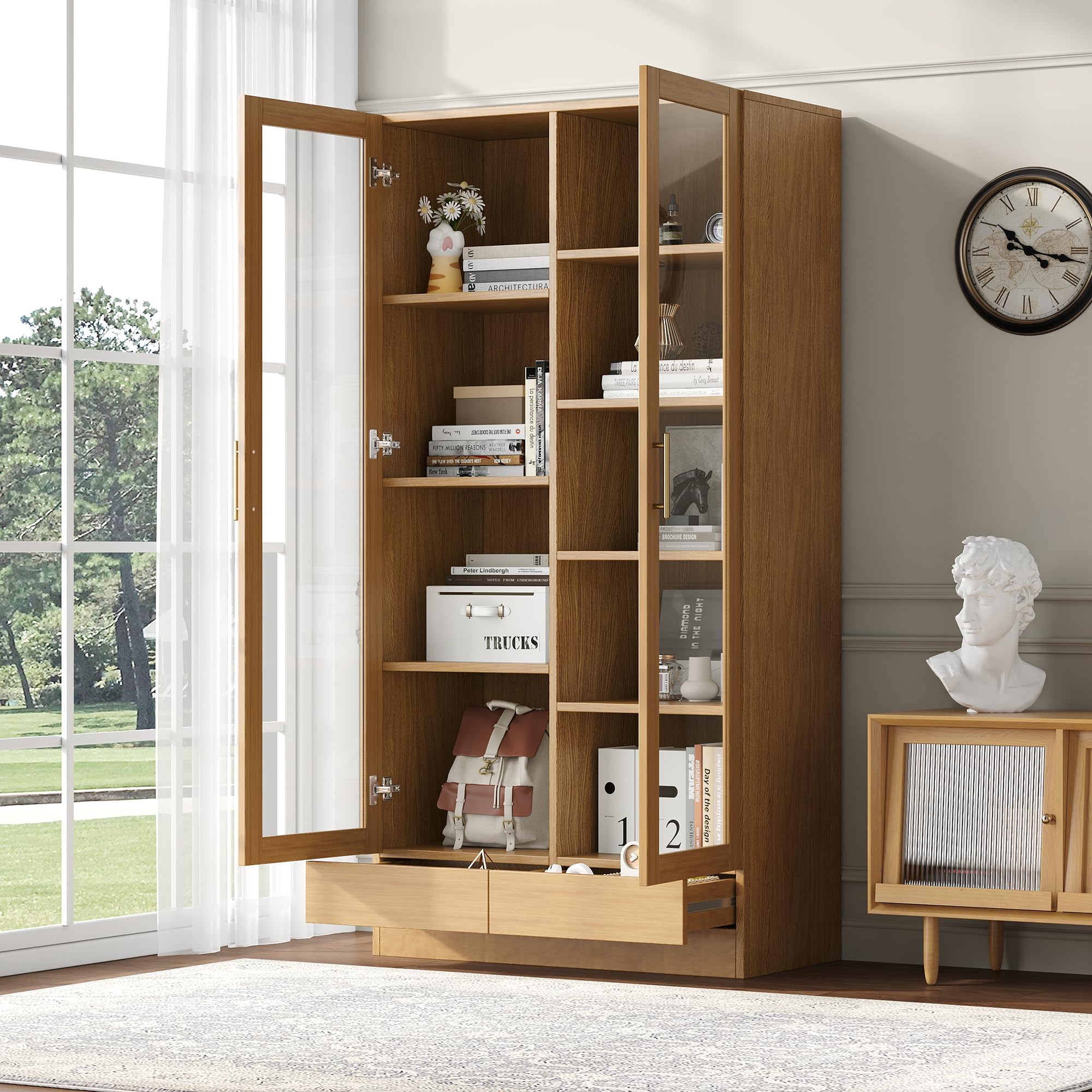 Vitrina de cristal (gabinete de oficina/estantería/archivador/estantería) – estantes escalonados, no ajustables, cajones push to abiertos sin asas, 80 x 40 x 160 cm, color madera