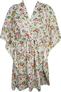 Mogul Interior Women's Kaftan Dress Tunic Cotton Printed Short Caftan Dress (Free-Size) Beige