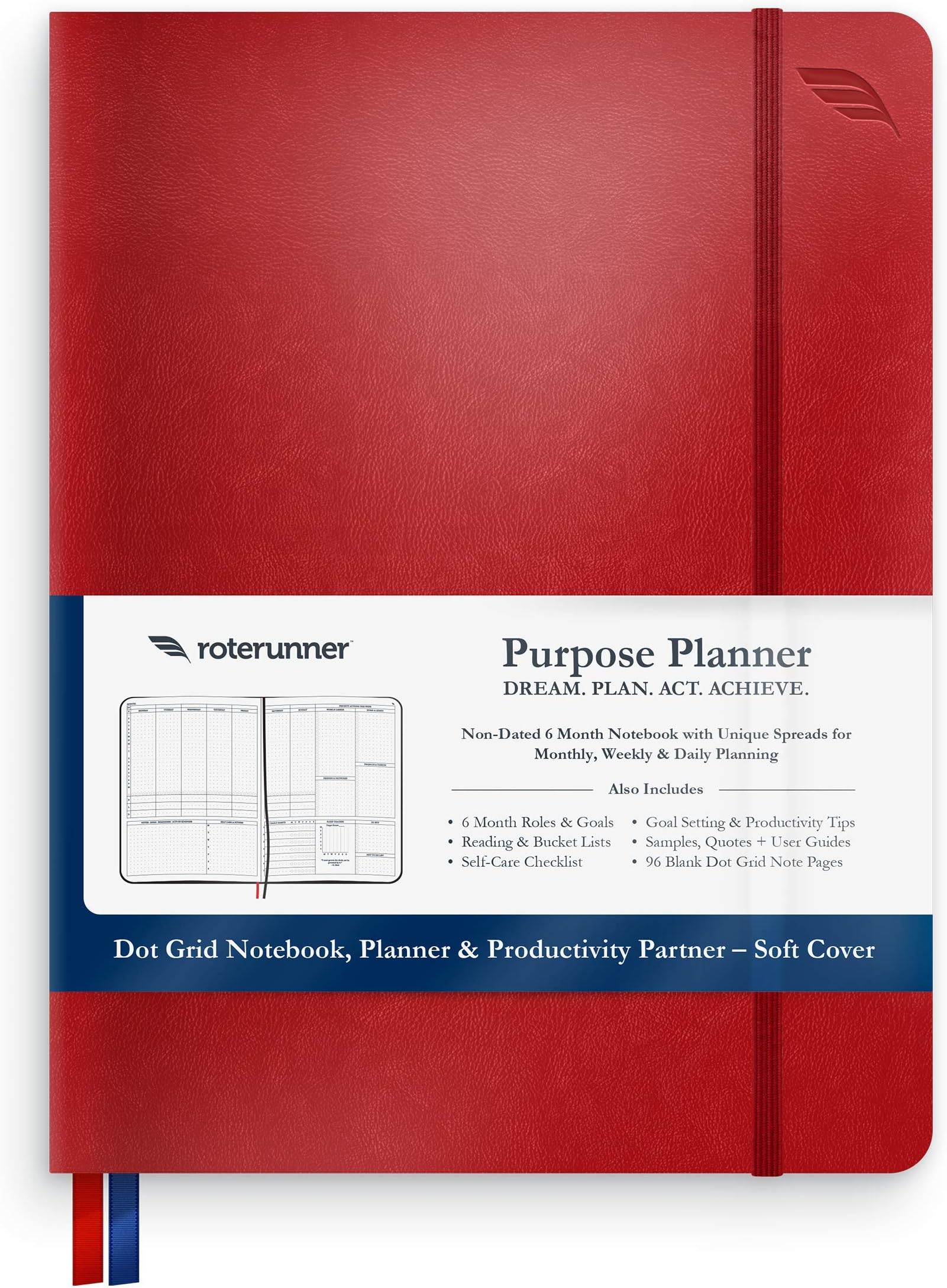 Purpose Planner by Roterunner Non-Dated Life Organizer, Notebook, Coach - Gain Clarity, Prioritize Effectively, Boost Productivity, Live Your Best Life - Soft Cover Journal 7.75" x 9.75" (Red)