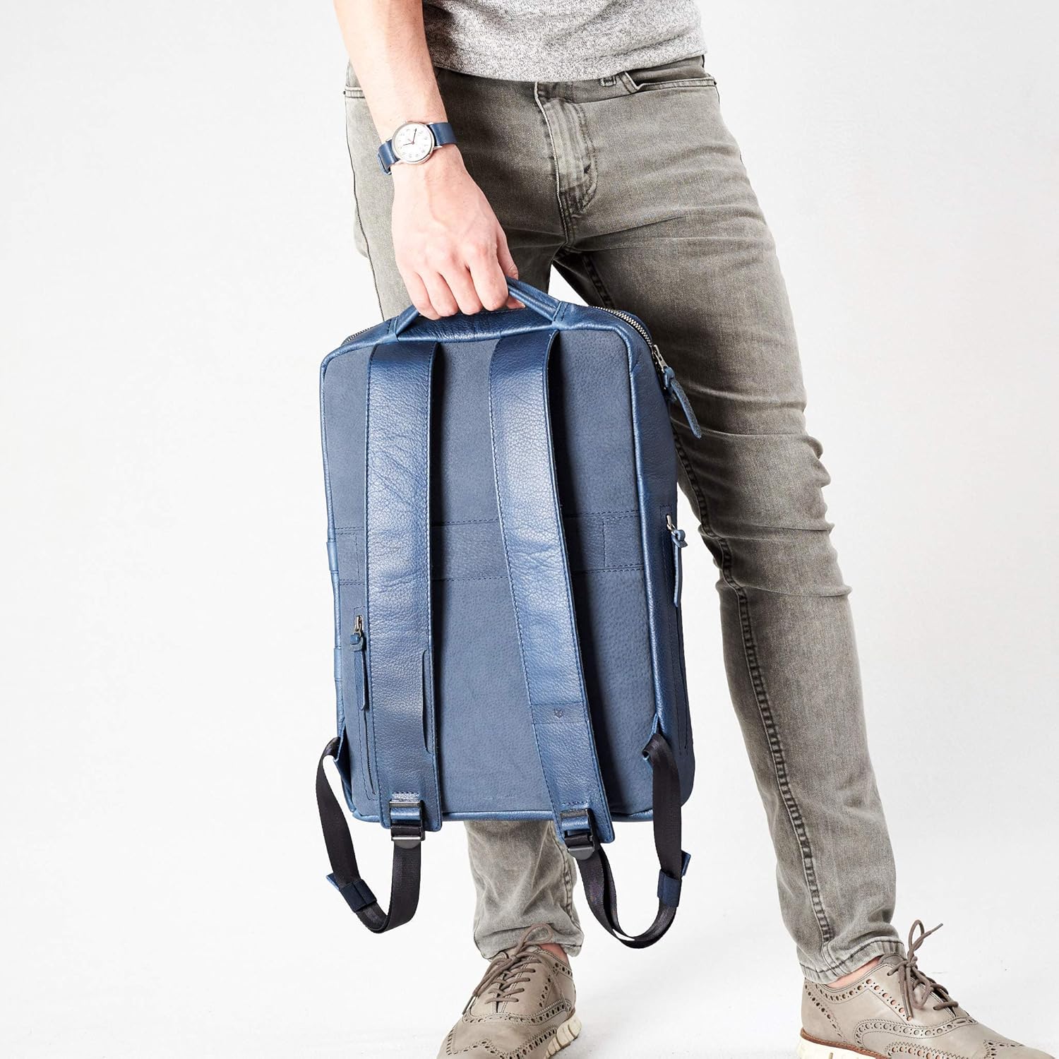 Blue Leather Slim Tech Laptop Backpack Daypack. Men's Minimalistic Tech Organization Bag. Everyday Use, Carry Essentials. Custom Emboss Monogram. Business Backpack.