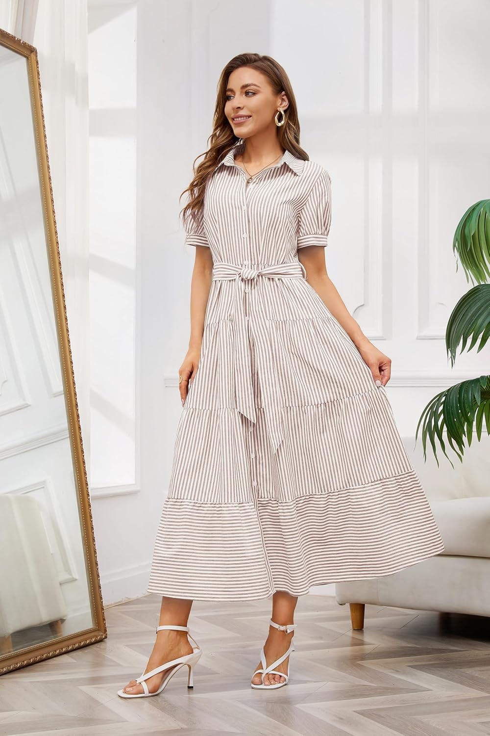 utcoco Womens Casual Short Sleeve Button Down Tie Waist Ruffled Striped Maxi Shirt Dress - Image 7