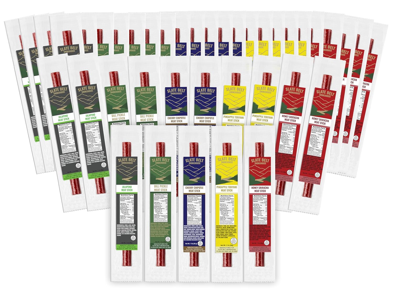 Slate Belt Smokehouse Meat Sticks Individually Wrapped- Meat Sticks Variety Pack, Gluten-Free, MSG-Free, No Nitrates, Pork & Beef Sticks Sampler Pack, Meat Sticks Bulk (30 Pack)