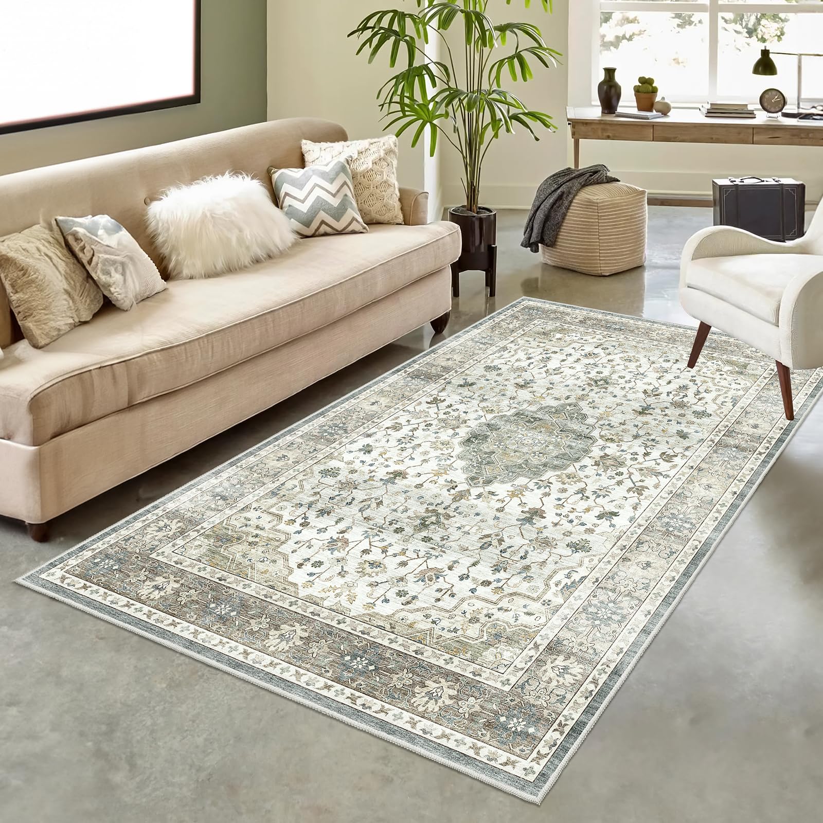 HOMFINE Alfombra Vintage Alfombra Salon - Alfombra Grande Salon Alfombra Lavable Alfombra de Dormitorio de Pelo Corto para Pasillo Larga Habitacion Comedor Antideslizante Beige Verde 80 x 150 cm