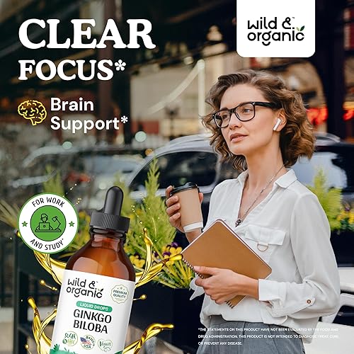 Miniatura 2 de Wild & Organic Gotas de extracto de ginkgo biloba, apoyo para el cerebro y la concentración, suplementos líquidos de ginkgo biloba, tintura de