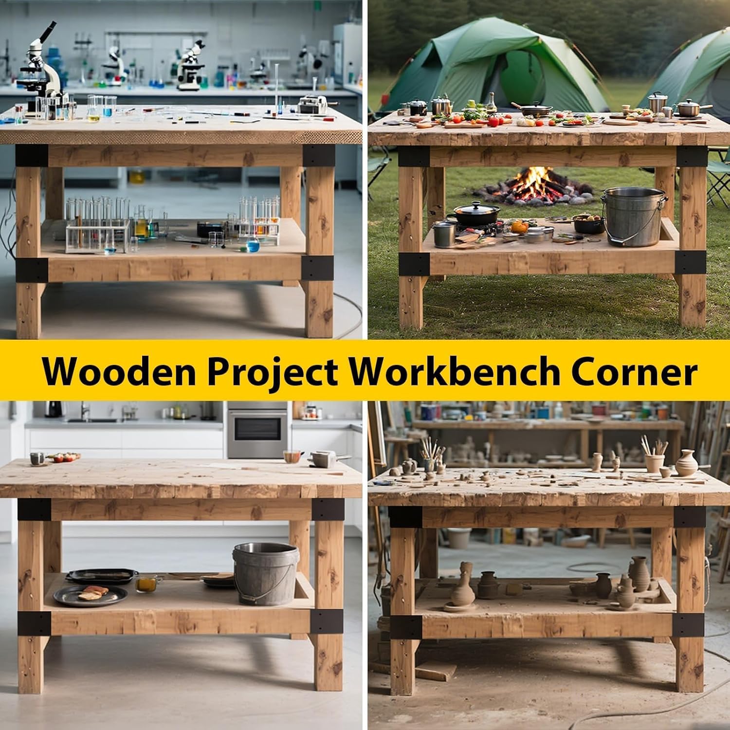 Heavy Duty Workbench Bracket Kit -8 Pcs 3-Way Right Angle Corner Brackets for 4x4 and 2x4 Wood - Used for Workbenches, Garage Shelves, DIY Woodworking Projects