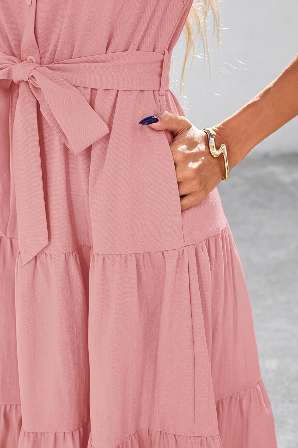 dowerme Womens Summer Dresses 2025 Short Sleeve Button Tie Waist Beach Vacation Clothes Boho Flowy Tiered Maxi Sundress - Image 4