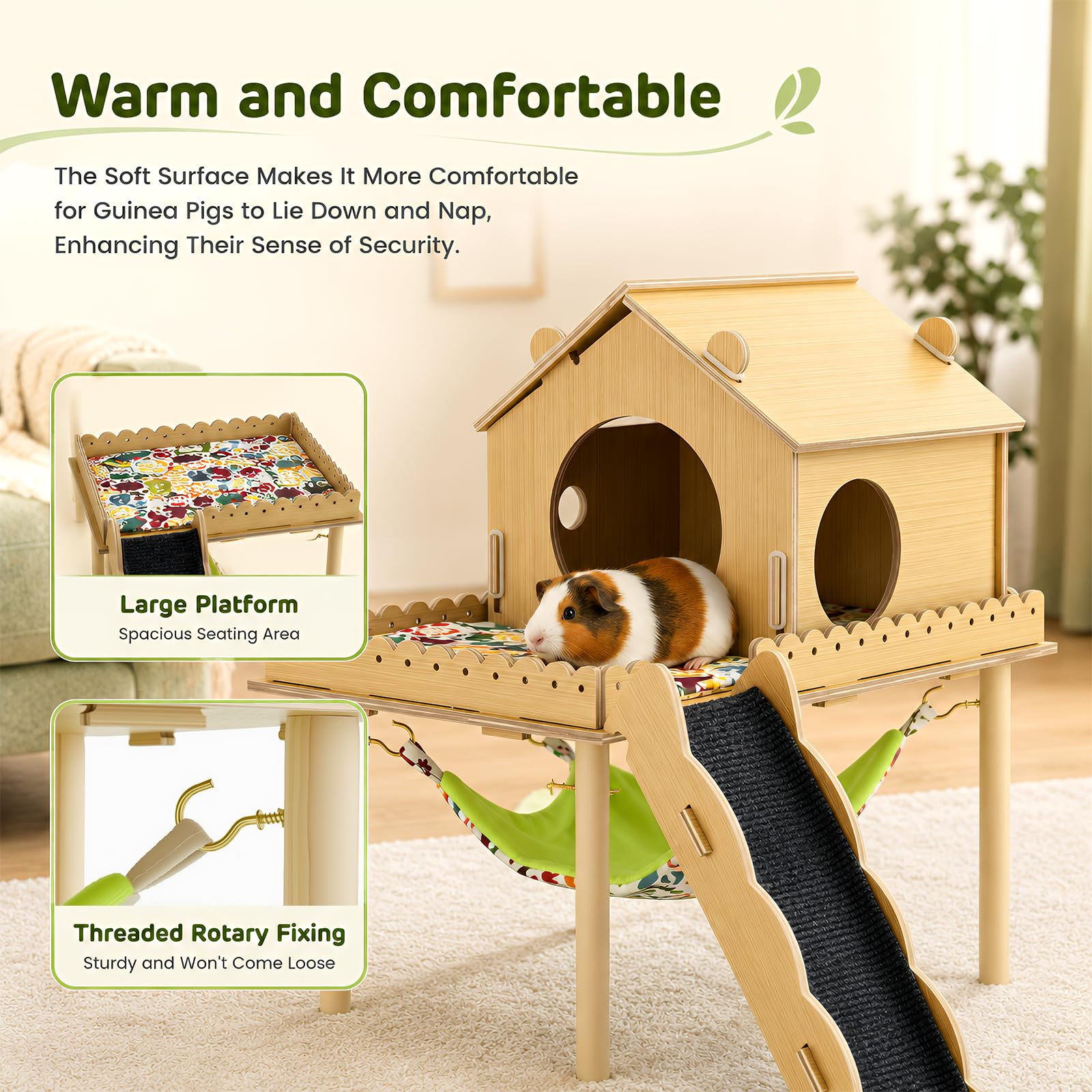 Maison 3-en-1 pour cochon d'Inde, maison pour hamster avec plateforme, escalier, rampe et cachette, accessoires pour petits animaux avec hamac, convient pour lapins, hamsters nains