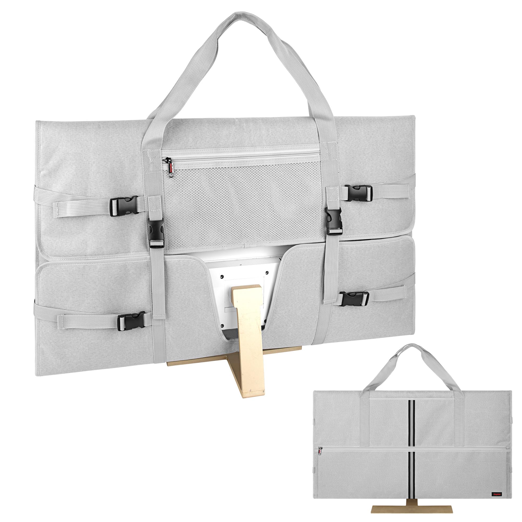 Kingshion 32 Inch Monitor Carrying Case, Travel Tote Bag for 32" LCD Gaming Screen, Waterproof Dust Cover with Velvet Lining & Accessories Pockets for Keyboard, Mouse - Light Gray