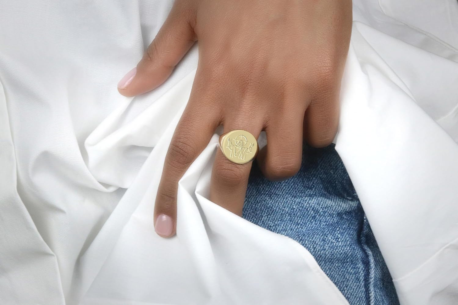 Bold Statement Jesus Ring - Engraved Christianity Design - Gold Signet Jewelry - Biblical Gift for Mom