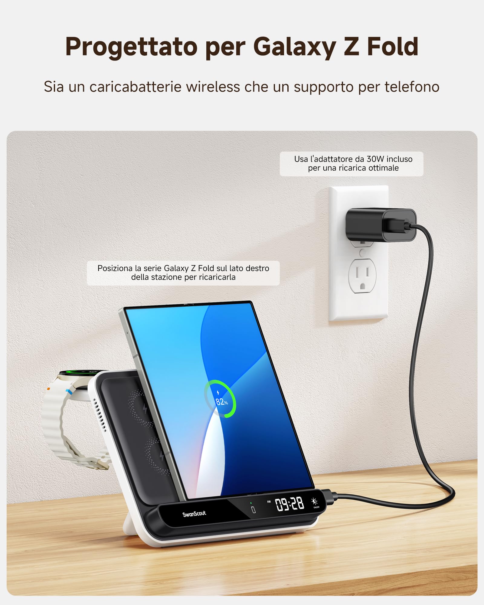 SwanScout Caricatore Wireless per Samsung Z Fold 7/S25 Ultra/S25/iphone Air/17, Stazione di Ricarica 30W Veloce per Z Fold 6/5/4, Caricatore per Galaxy Watch 8/8 Classic/7/Ultra/6/5, SwanScout 710FS