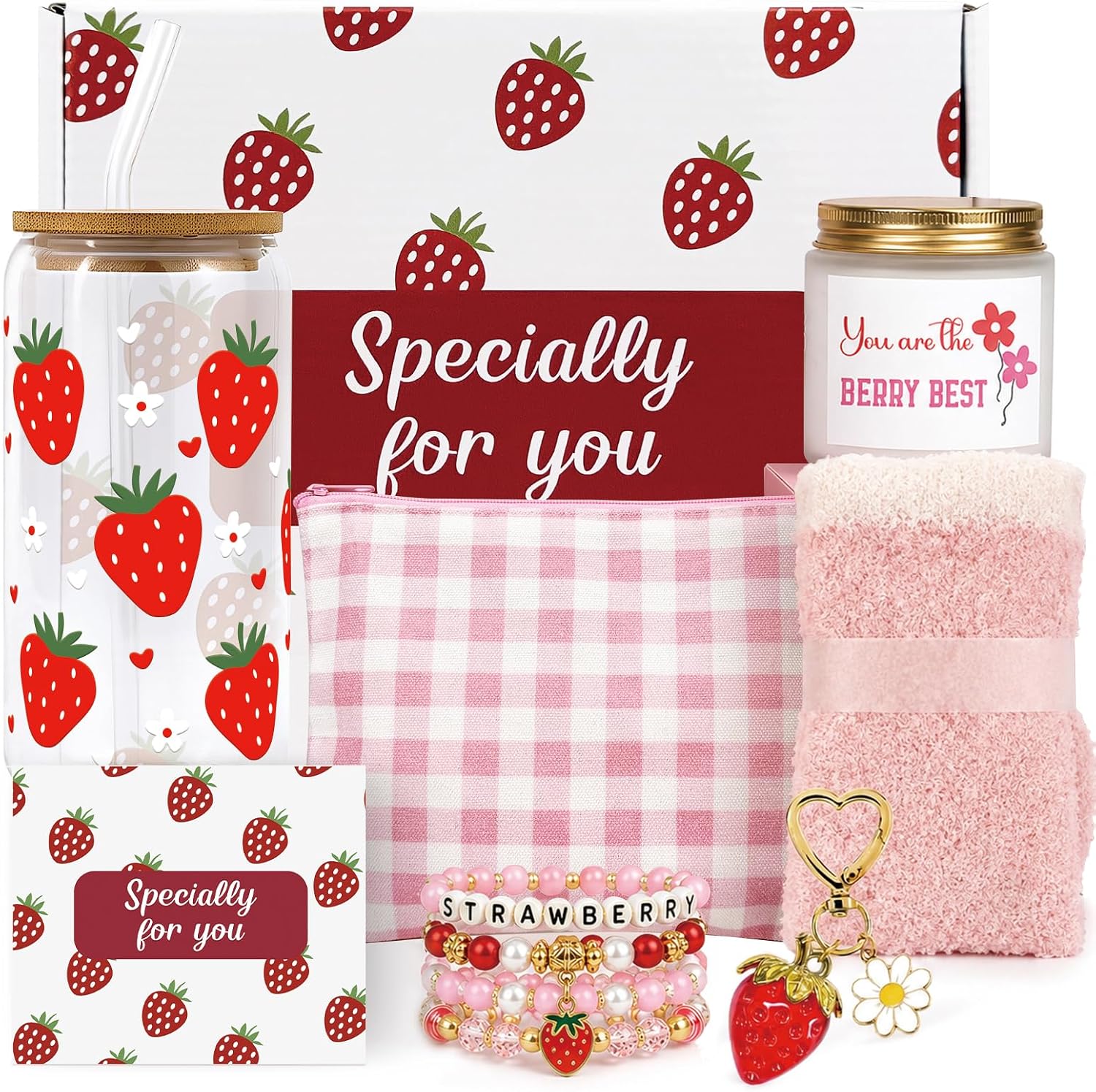 Strawberry Gifts for Women – 8 PCS Aesthetic Stuff Set for Her - Cute Birthday Gifts for Friends - Strawberry Accessories Set Includes Coffee Cup for Galentines Valentines