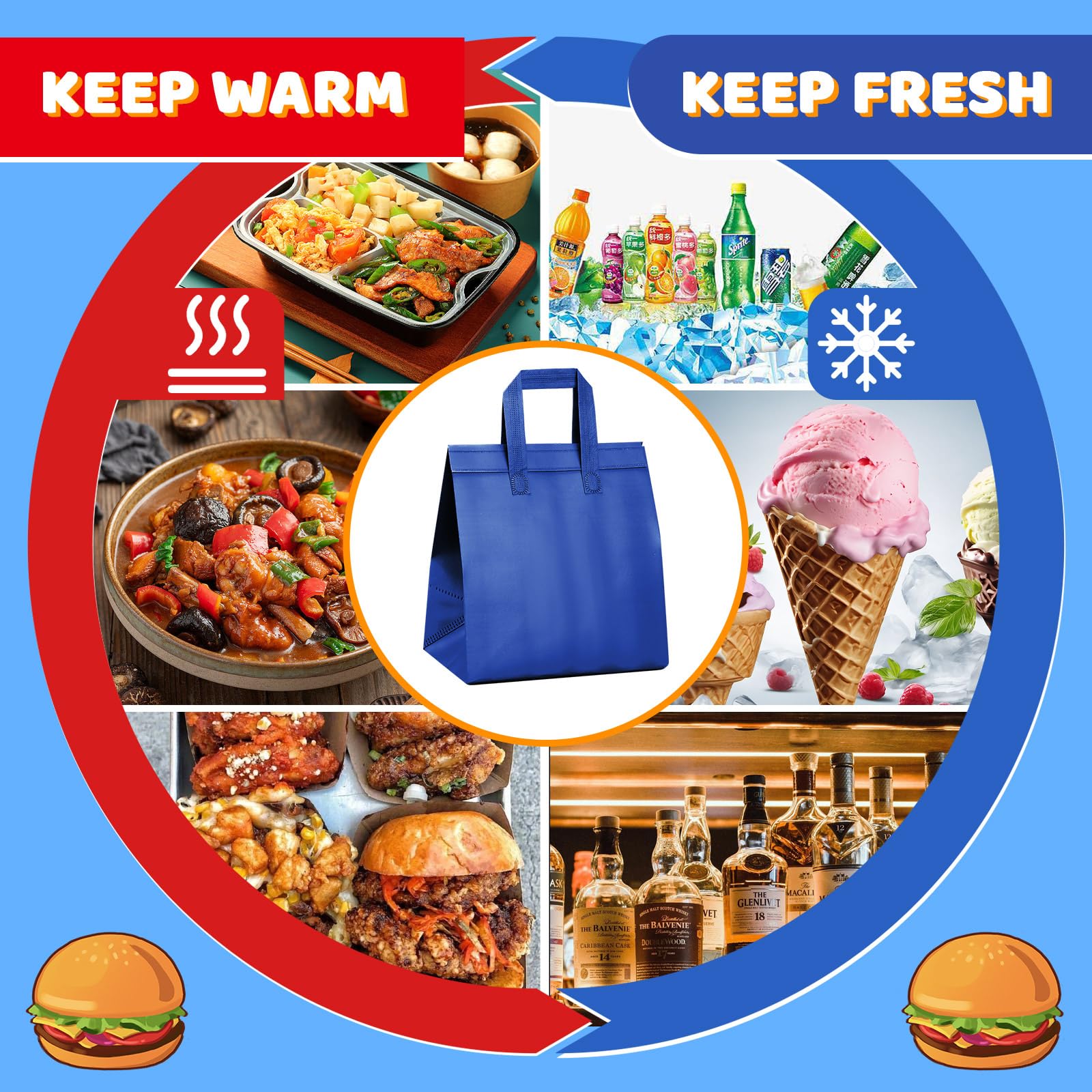 Hushee 200 bolsas aisladas para llevar con aislamiento térmico a granel, bolsas desechables de 10.24 x 11.02 x 6.69 pulgadas, para almuerzos de comestibles, alimentos congelados y calientes (azul)