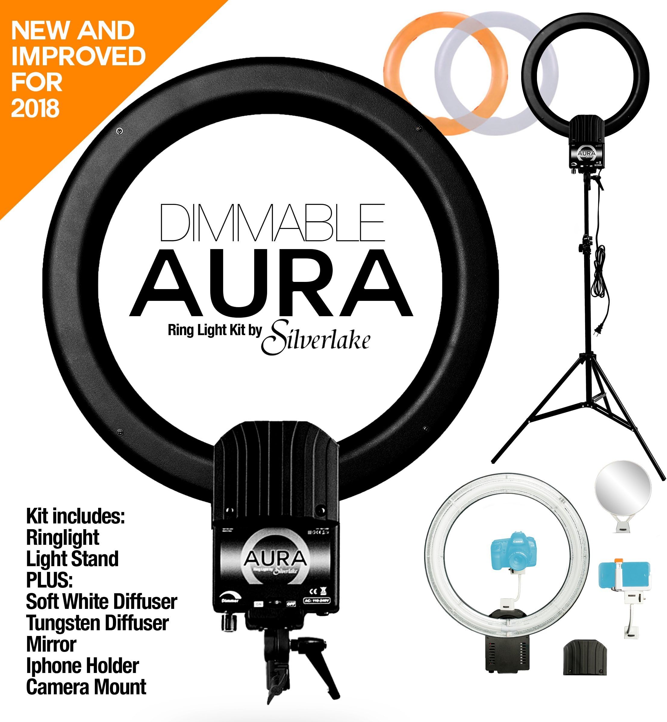AURA DIMMABLE Ring Light Kit by Silverlake - Large 19 inch Professional Quality - 5400K - 500W Continuous Fluorescent RingLight That produces shadowless lighting for people Vlogging or products