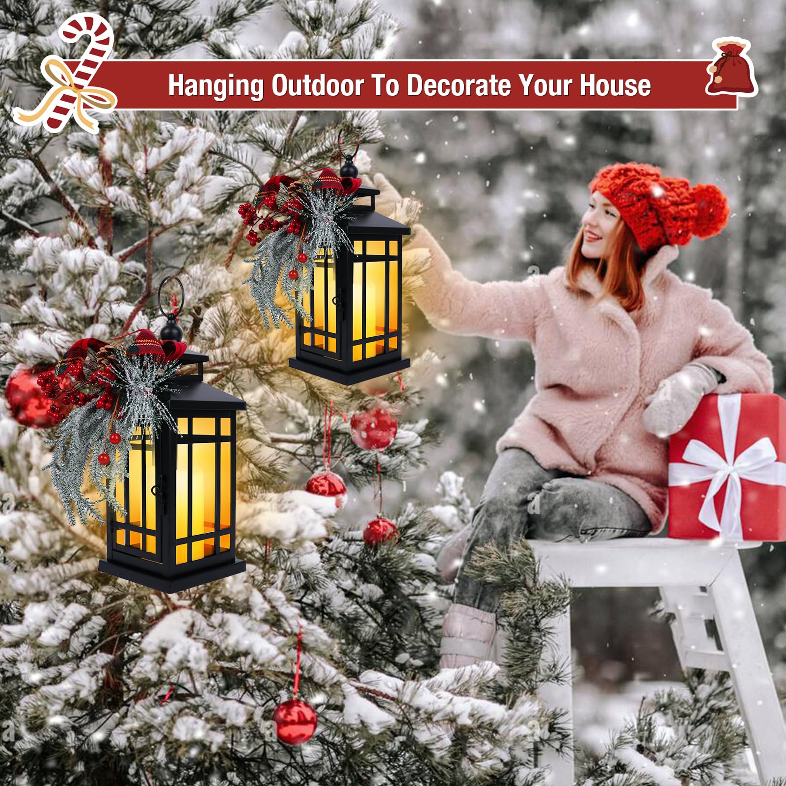Paquete de 2 faroles de vela de Navidad de 14 pulgadas, linterna decorativa de Navidad colgante con adorno de Navidad para mesas de interior y hogar, chimeneas, patio al aire libre