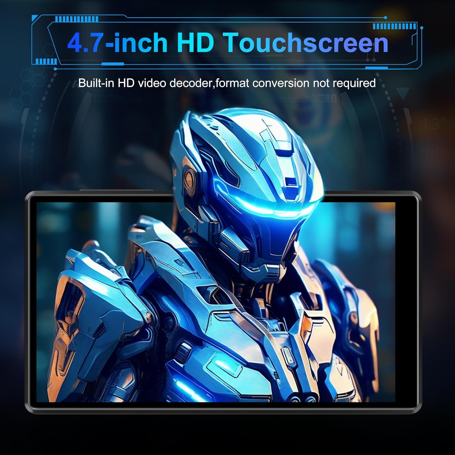 SWOFY D26 MP3 Player displaying a music playback screen, with wireless earbuds and a Bluetooth speaker in the background, illustrating Bluetooth connectivity.