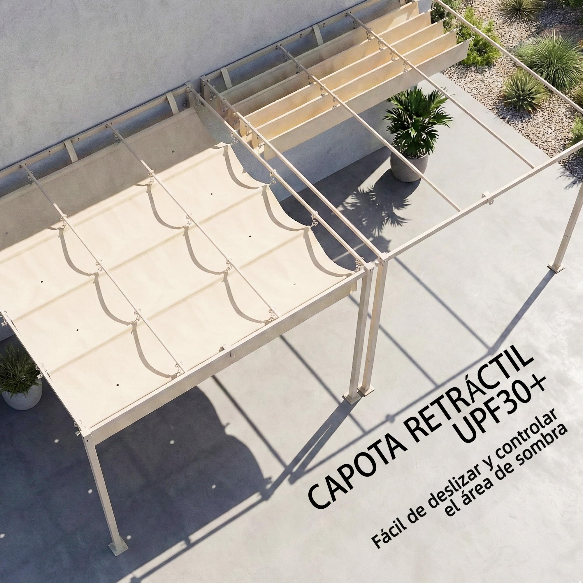Outsunny Pérgola de Pared de Jardín 3x3 m, Cenador de Jardín con Techo Retráctil, Protección UPF30+, Orificios de Drenaje y Estructura de Acero, Pabellón para Patio, Terraza, Exterior, Beige — view 4