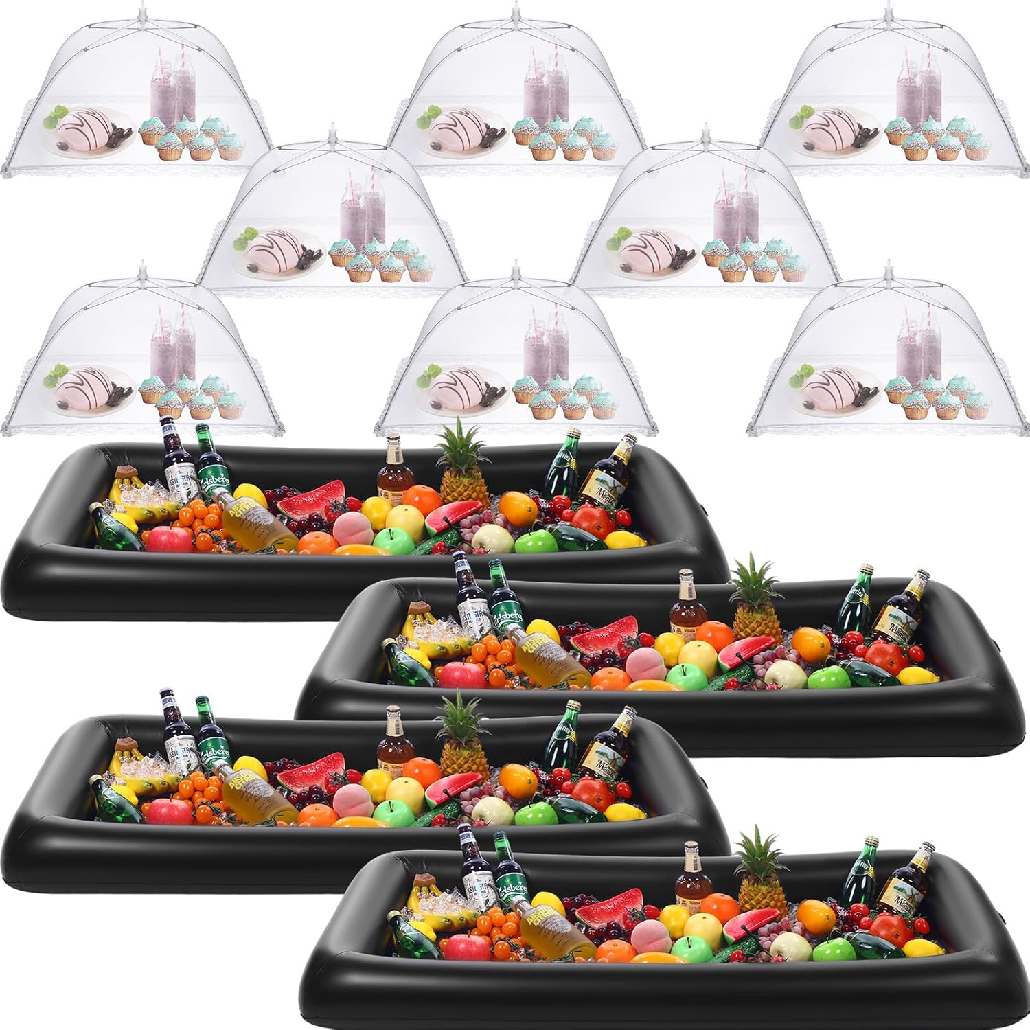 Lewtemi 4 Pcs Inflatable Serving Bars and 12 Pieces Food Umbrella Mesh Cover Collapsible Food Tent Inflatable Cooler with Drain Plug Drink Salad Buffet Tray for Indoor Outdoor Party BBQ Pool (Black) Lewtemi 4 Pcs Inflatable Serving Bars and 12 Pieces Food Umbrella Mesh Cover Collapsible Food Tent Inflatable Cooler with Drain Plug Drink Salad Buffet Tray for Indoor Outdoor Party BBQ Pool (Black)