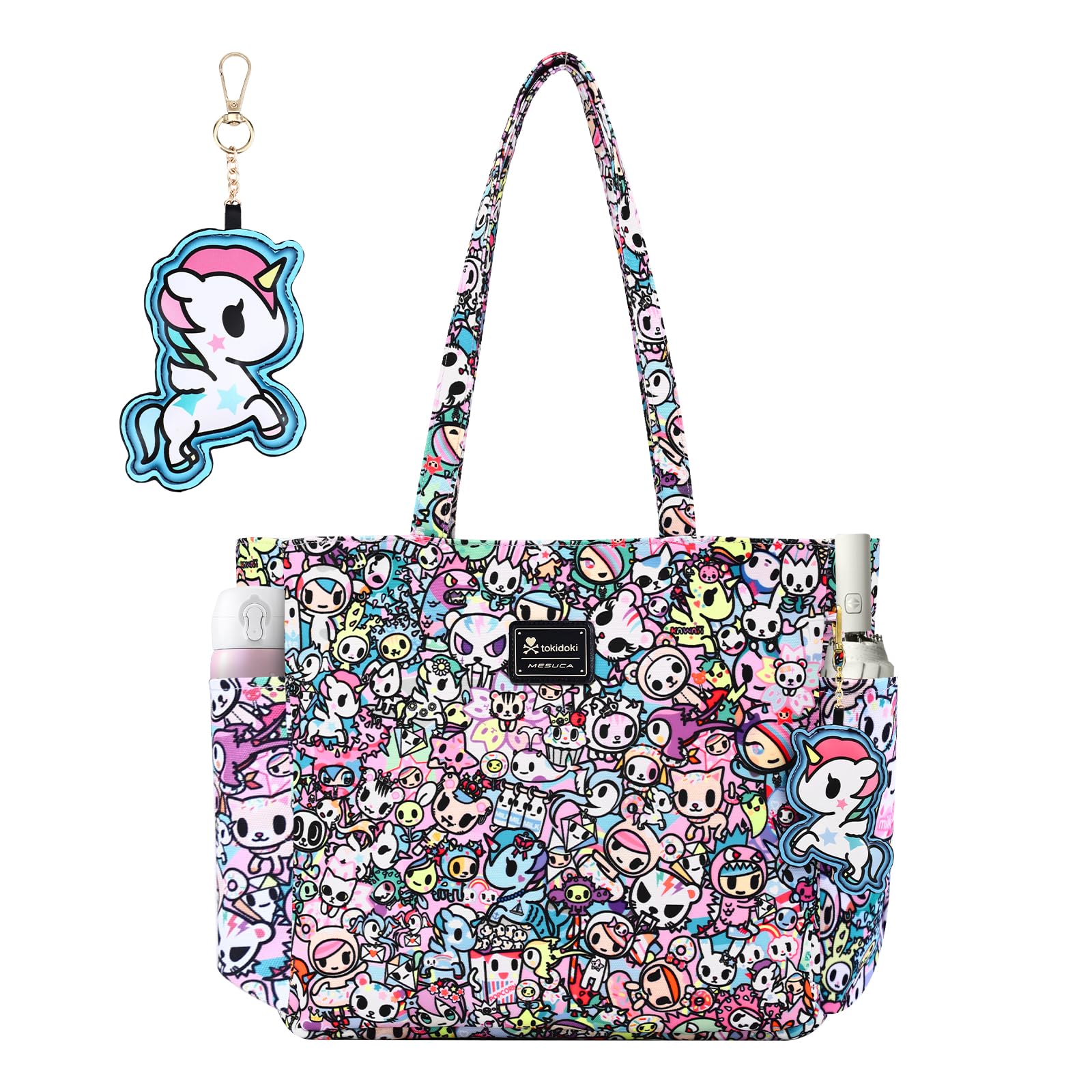 tokidoki Unicorno Large Tote Bag with Keychain for Women | 13.38x3.93x11.8in Canvas work tote. Multiple pockets for laptop, water bottle. Travel, weekender, shopping bag. Tote-no Skulls Girl