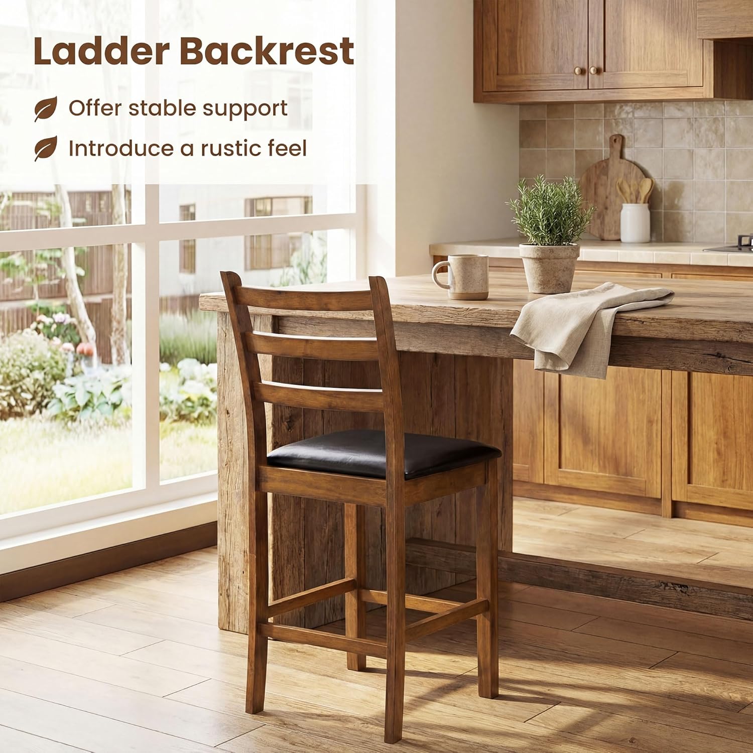 COSTWAY Counter Height Bar Stools Set of 4, Mid Century Modern Island Chairs with PU Leather Seat, Rubber Wood Legs & Ladder Back, 24'' Barstools for Kitchen Pub Bar (Walnut)