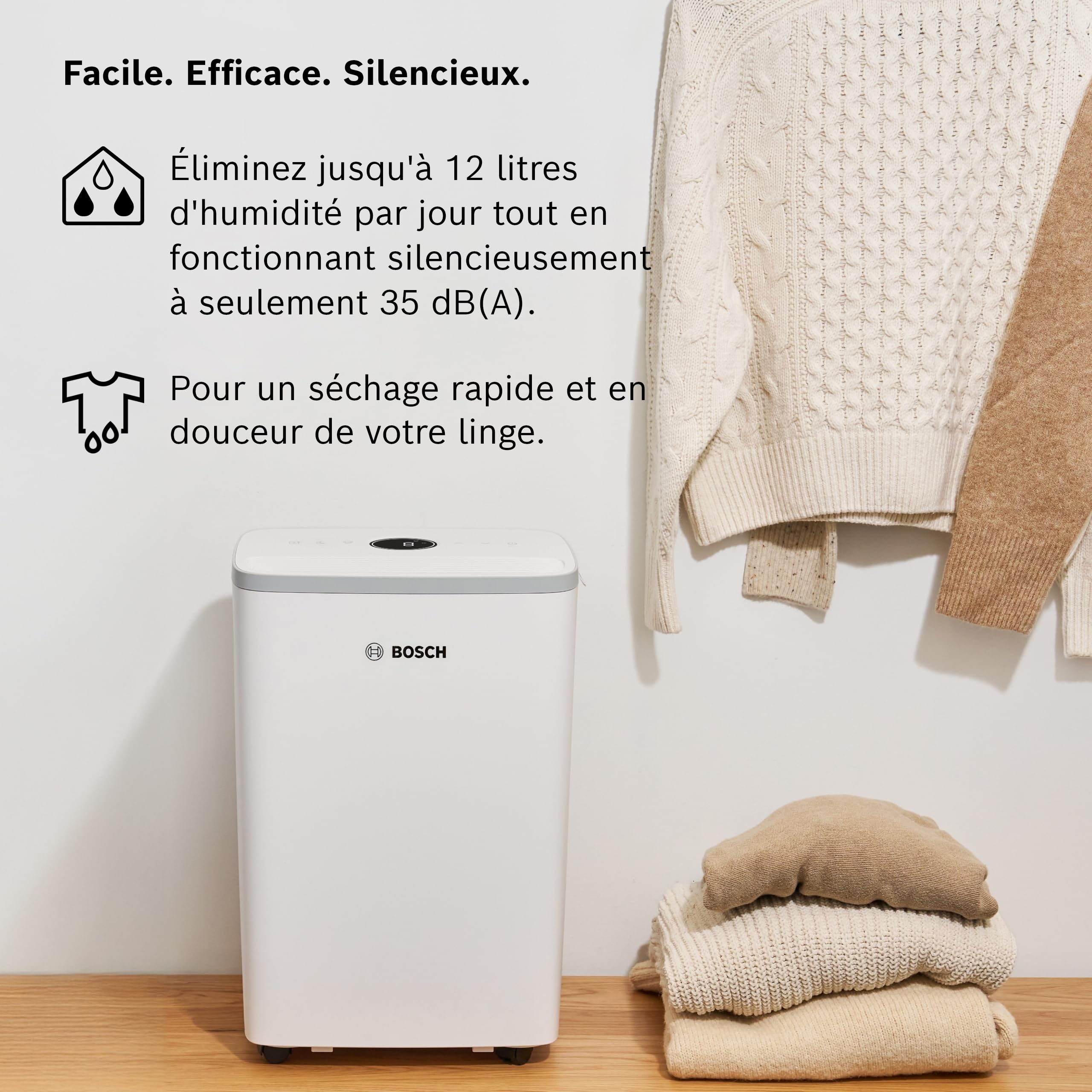 Bosch Dry 2000 - Déshumidificateur - Facile. Efficace. Silencieux. Pour la maison et la chambre - Pour jusqu'à 24 m² - Séchage rapide du linge