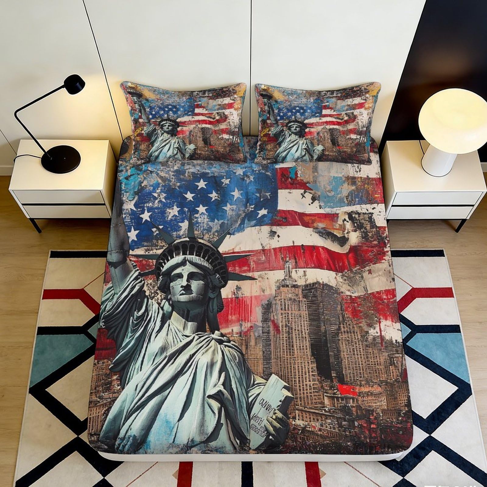 3D Printed American Flag Fitted Sheet Microfiber Soft Durable Statue of Liberty Mattress Cover for Bedroom Dormitory Guest Room Protection and Decoration 180x200x25cm