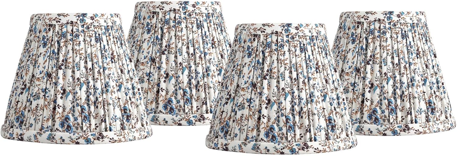 Nelle 3 1/2" Top x 6" Bottom x 5" High x 5" Slant Print Cottage Core Lamp Shade Replacement Set of 4 Small Blue Cream Empire Farmhouse Country Fabric Pleated Floral Clip On Candelabra - Springcrest
