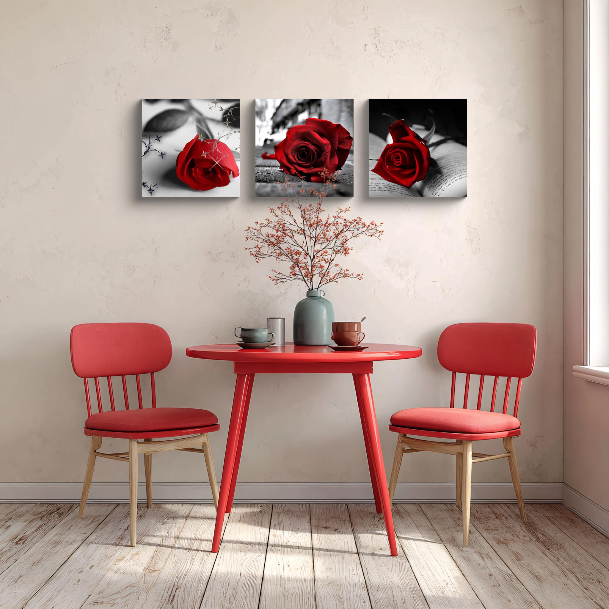 NAN Wind Lienzo impreso en lienzo de 3 piezas en blanco y negro, rojo, rosa, para decoración del hogar, estirado y enmarcado (16 x 16 x 3 unidades, A-Rose)