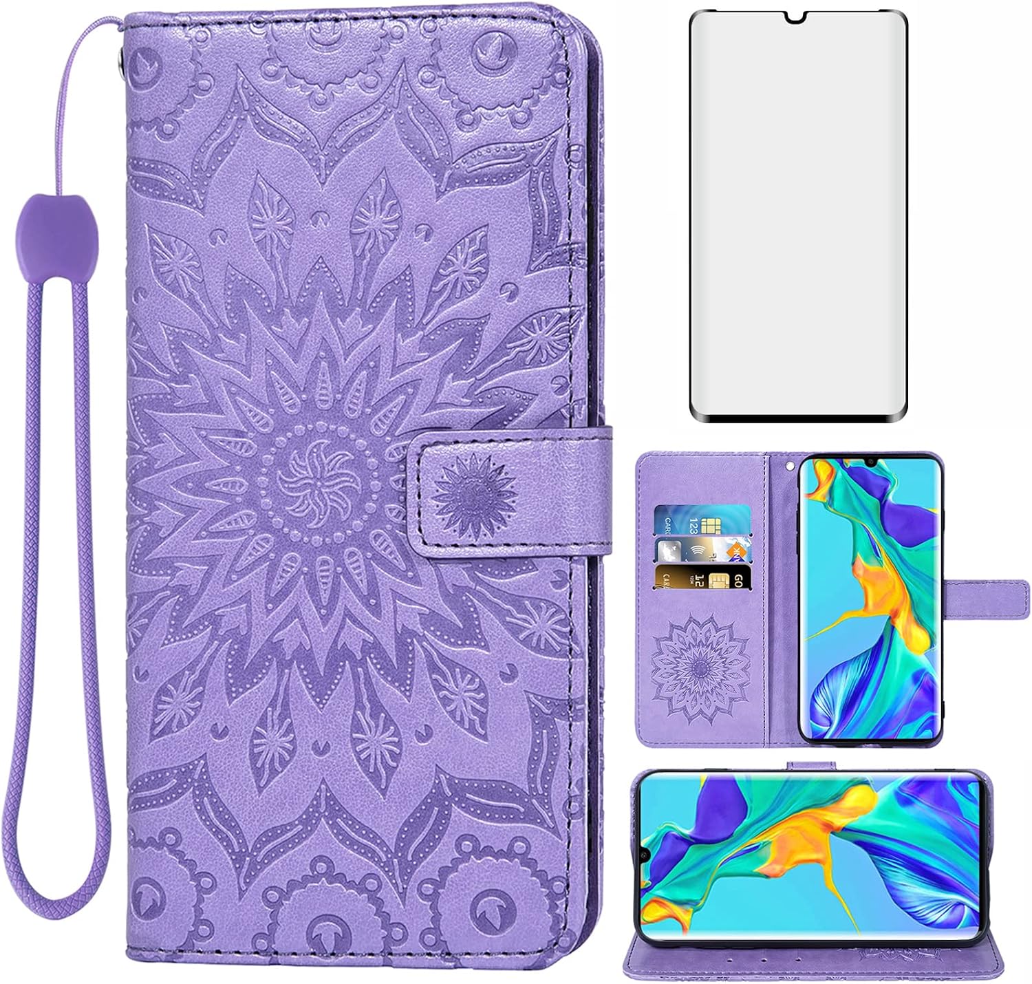 Asuwish Phone Case for Huawei P30 Pro Wallet Cases with Tempered Glass Screen Protector and Leather Slim Flip Cover Card Holder Stand Cell Accessories Hawaii P30Pro P 30 Pro30 Women Purple