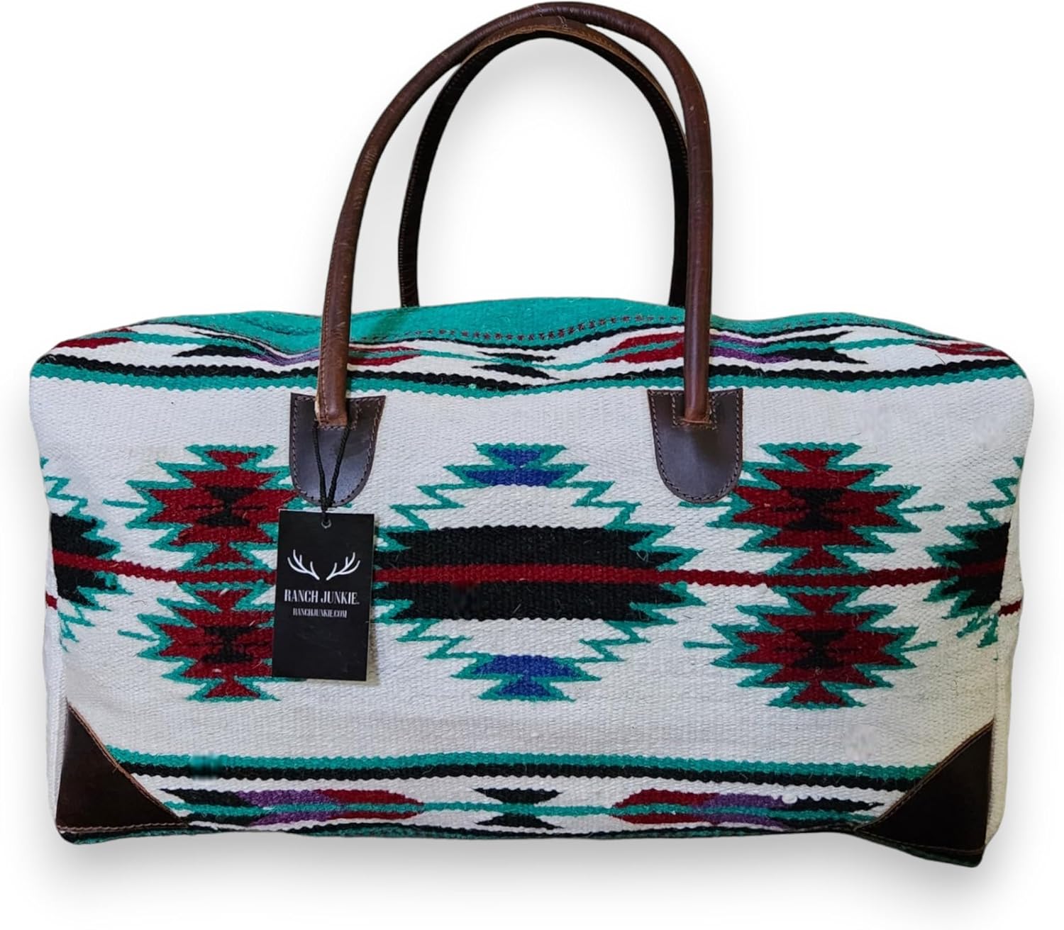 Southwestern Boho Aztec Maren Large Weekender Duffel Bag Handwoven 100% Leather Handles