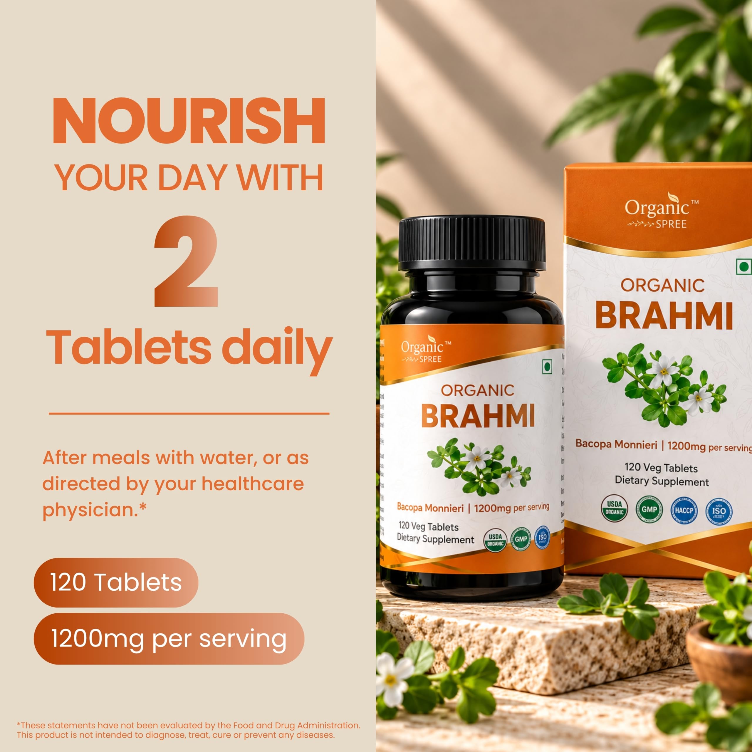 ORGANIC SPREE Brahmi 120 Tablets - Supports Memory, Focus & Daily Wellness* - Bacopa monnieri - 60 Days Supply - USDA Organic, GMP Certified — Amazon image 8