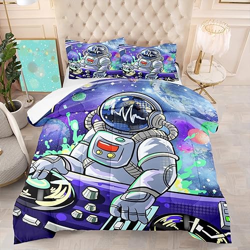 kodhyvj Juegos de Edredón Completos de Astronauta del Espacio Exterior para Adolescentes Varones, Ropa de Cama con Temática de Astronauta Galaxia,