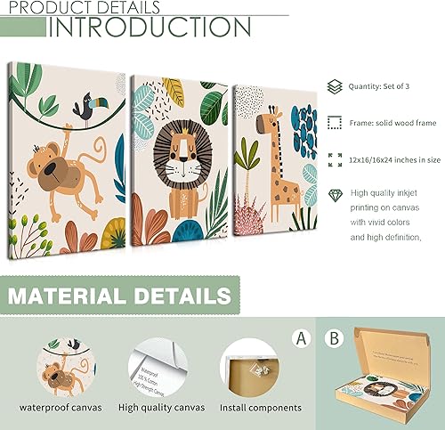Miniatura 9 de AKWISH 3 lienzos enmarcados de animales de safari para pared, impresiones artísticas para habitación de niños y niñas, decoración de pared para