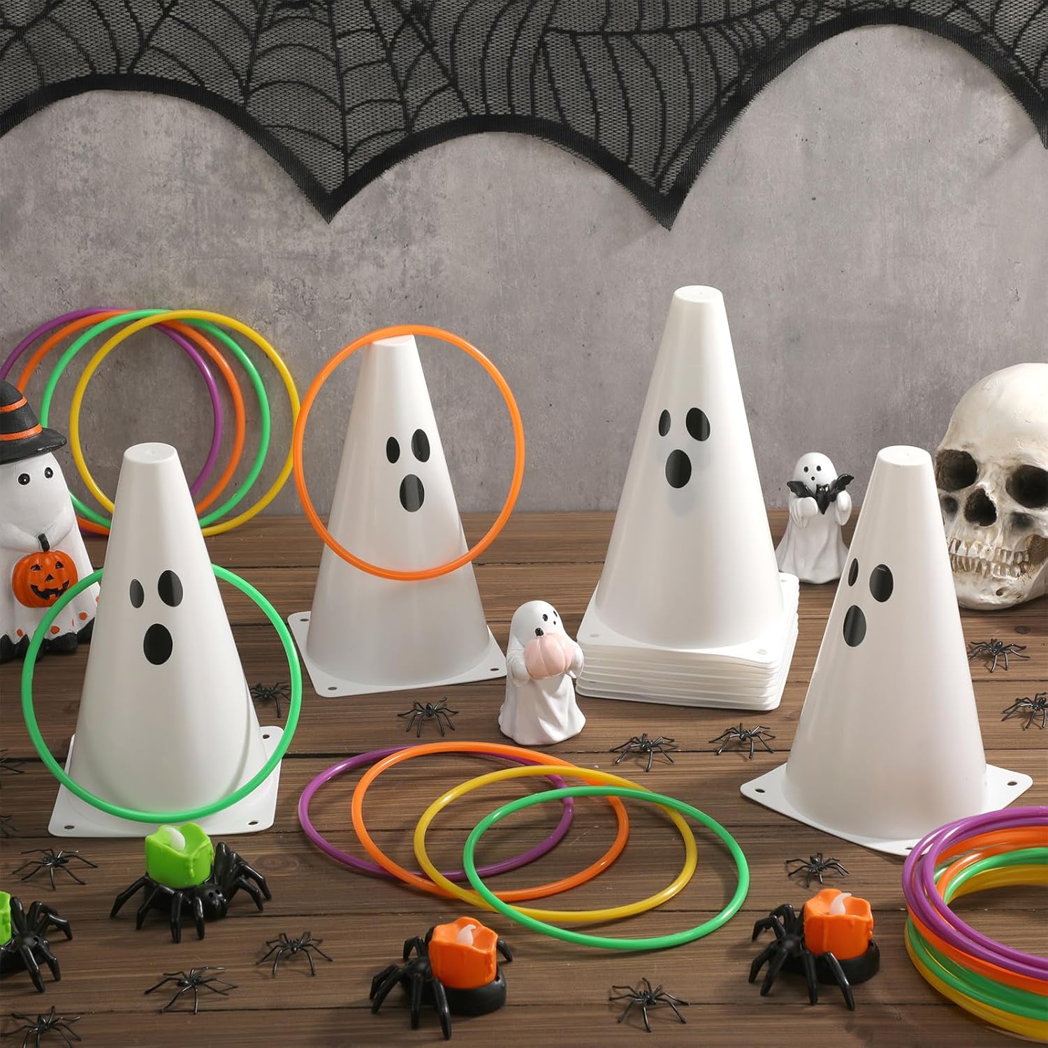 12 Set Halloween Ghost Ring Toss 9 Inch Spooky Plastic Traffic Cones and 24 Pcs Toss Rings for Outdoor Activities Carnival Adult Birthday Party Favors