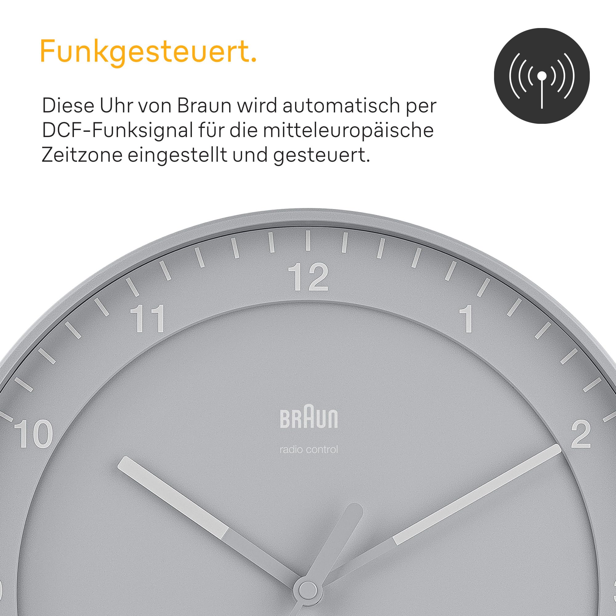 Braun Classic Funkuhr für die mitteleuropäische Zeitzone (DCF/GMT+1) mit geräuschlosem Uhrwerk, leicht ablesbar, 30 cm Durchmesser in Grau, Modell BC17G-DCF