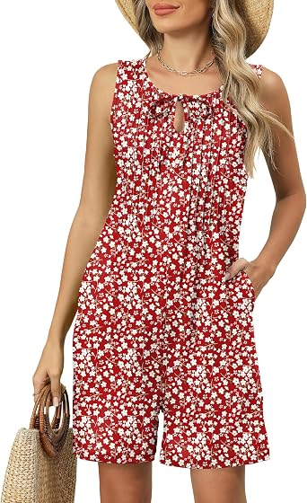 IECCP Womens Rompers 2026 Summer Trendy Pleated Jumpsuit Casual Loose Shorts Overall Sleeveless Outfits with Pockets