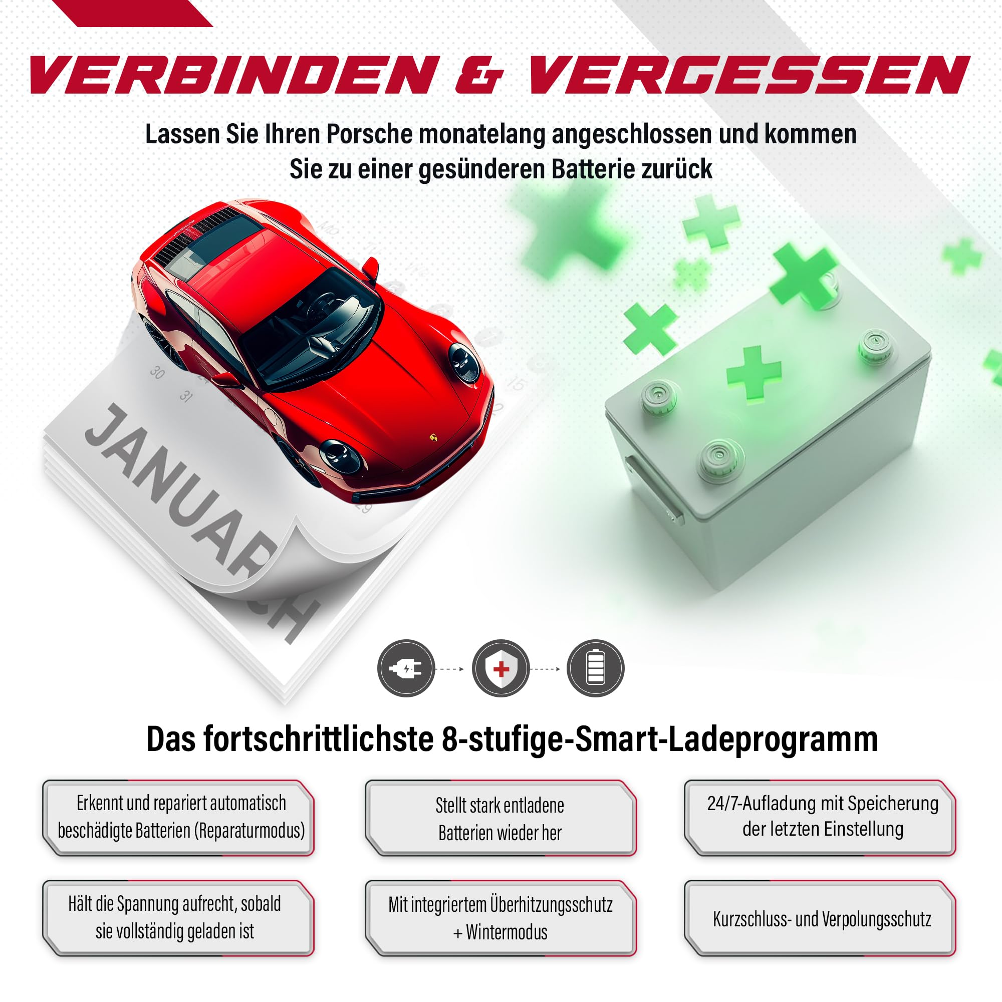 JMR Batterieladegerät für Porsche 911 Panamera Cayenne Macan Cayman 718 Boxter Alle Modelle Autobatterie Ladegerät Erhaltungsladegerät Akkuladegerät Erhaltungsgerät Auflader (Lithium-Modus hinzufügen)