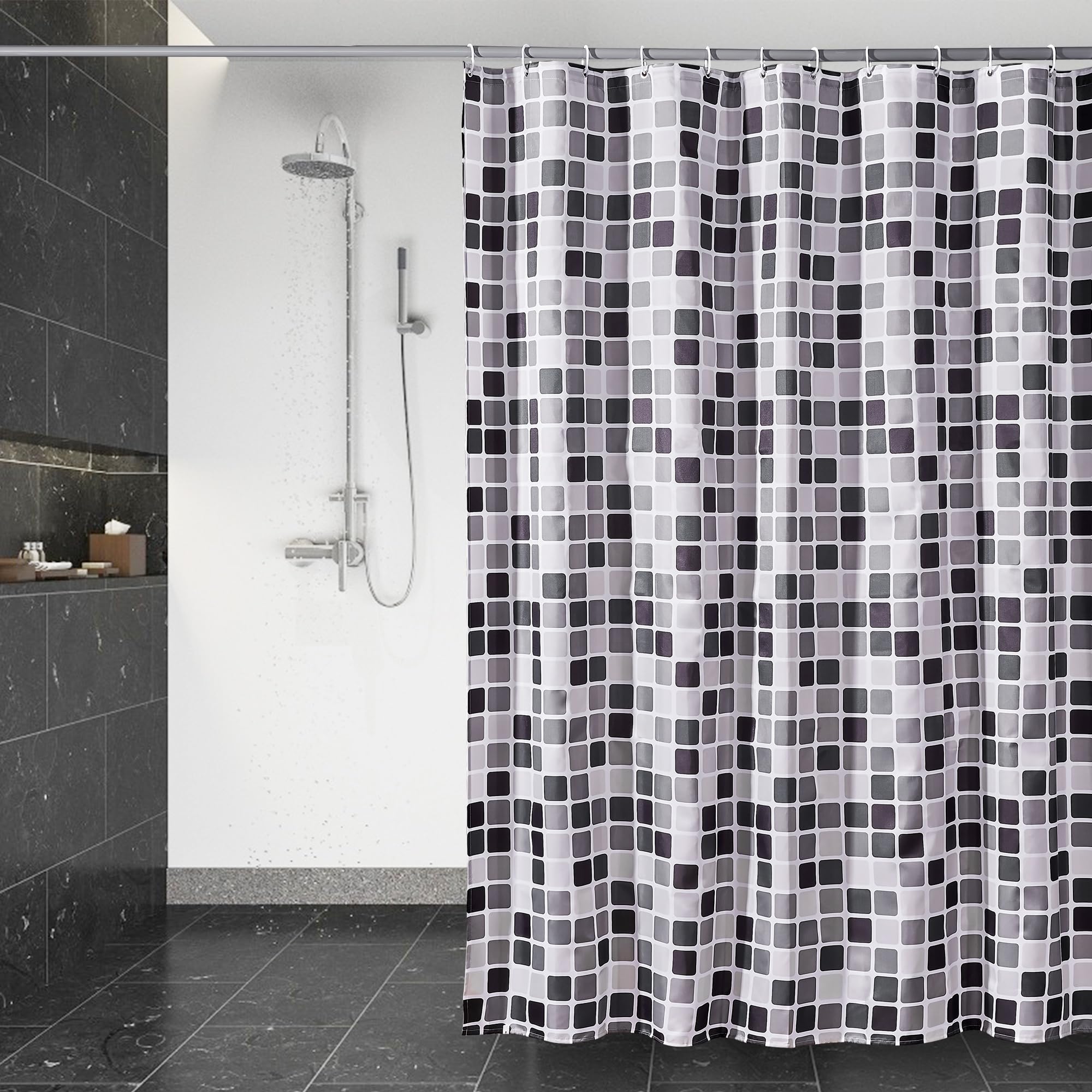 DUFU Wasserdichter Duschvorhang Anti-Schimmel 180 x 200cm Waschbar Schnelltrocknend Textil Stoff Polyester Badewanne für Vorhang Mosaik Halbtransparent Duschvorhang mit 12 Duschvorhängeringen