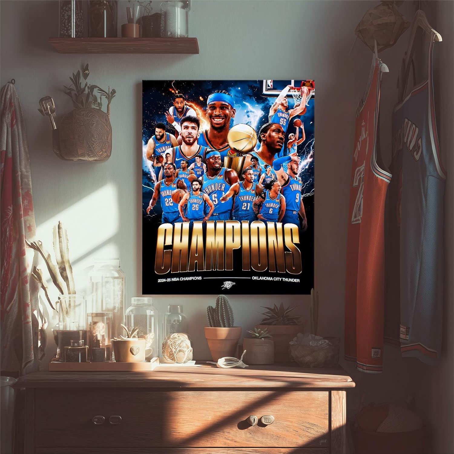 2025 NBA Finals Canvas Wall Art Decor Framed Painting - Oklahoma City Thunder 2024-25 Champions Poster Print, Storm Style Basketball Oil Painting, NBA Finals Celebration Decor 11X14 inch