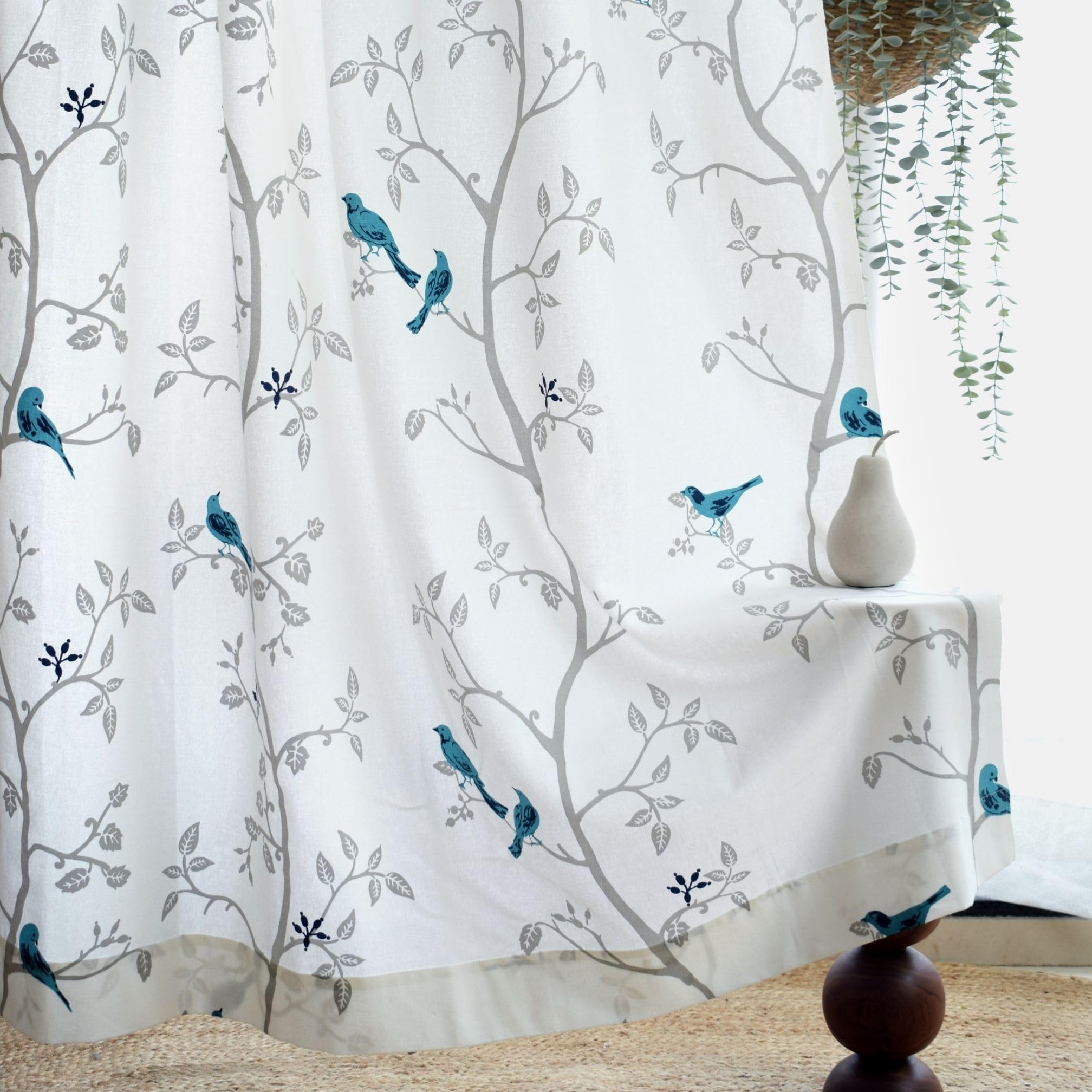 Tranquebar Curtain Co. Cotton Curtains 7 Feet Long Set of 2, 60-65% Room Darkening, Blue Bird Print, Door Curtains 7 Feet Set of 2, Door Curtains 7 Feet Set of 2, With Eyelet, Yori (213 cm) - Set of 2