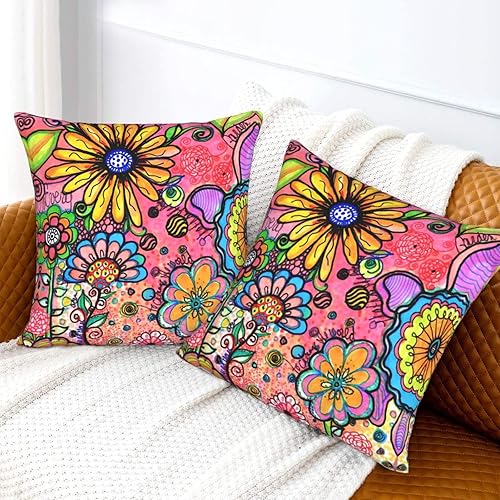 Miniatura 6 de Fiokroo Hippie Art Flower Doodles - Juego de 2 fundas de almohada cuadradas para sofá, dormitorio, sala de estar, automóvil, 18 x 18 pulgadas